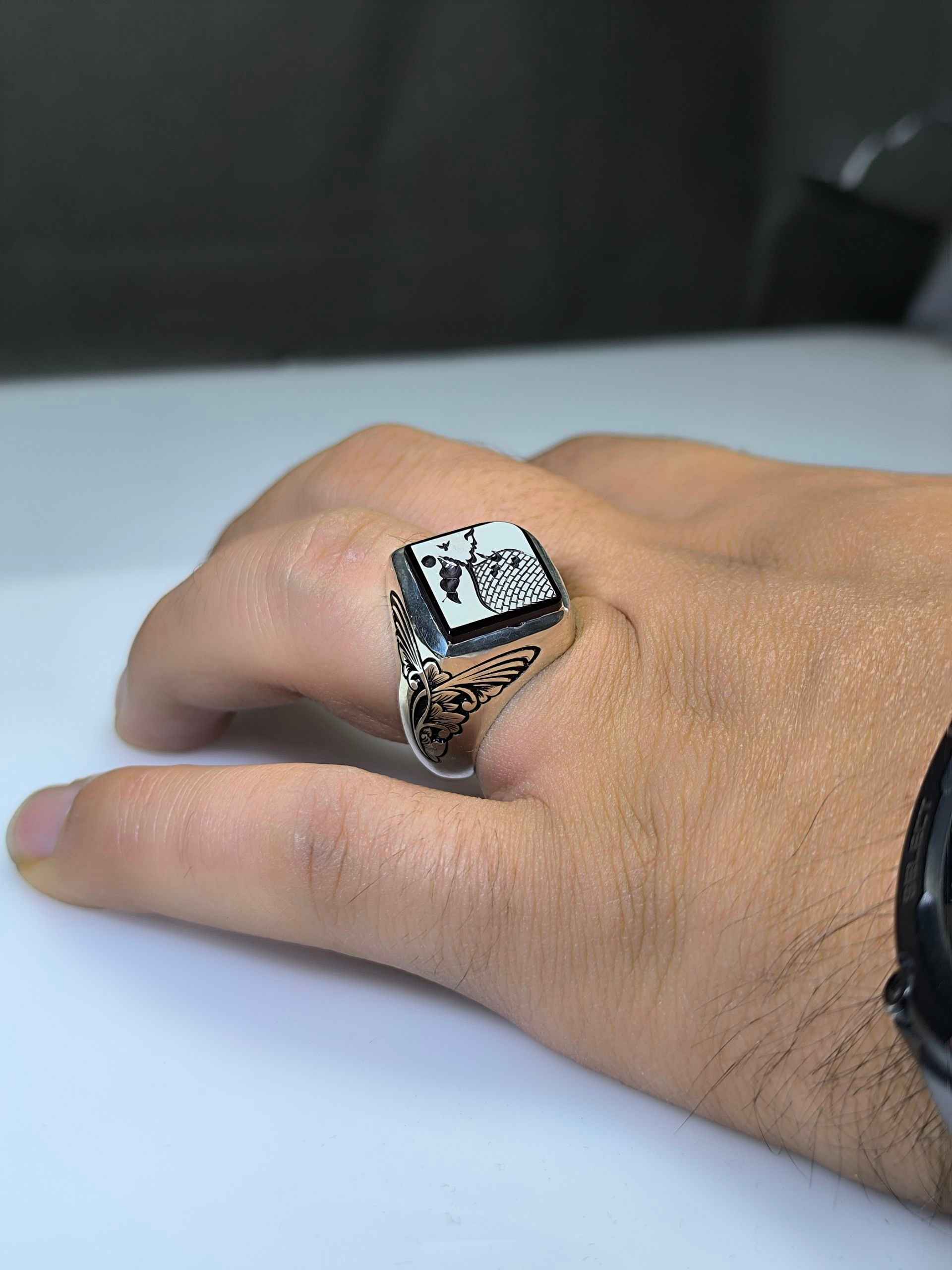 Black agate dot ring with the inscription of Ya Hussein (AS)